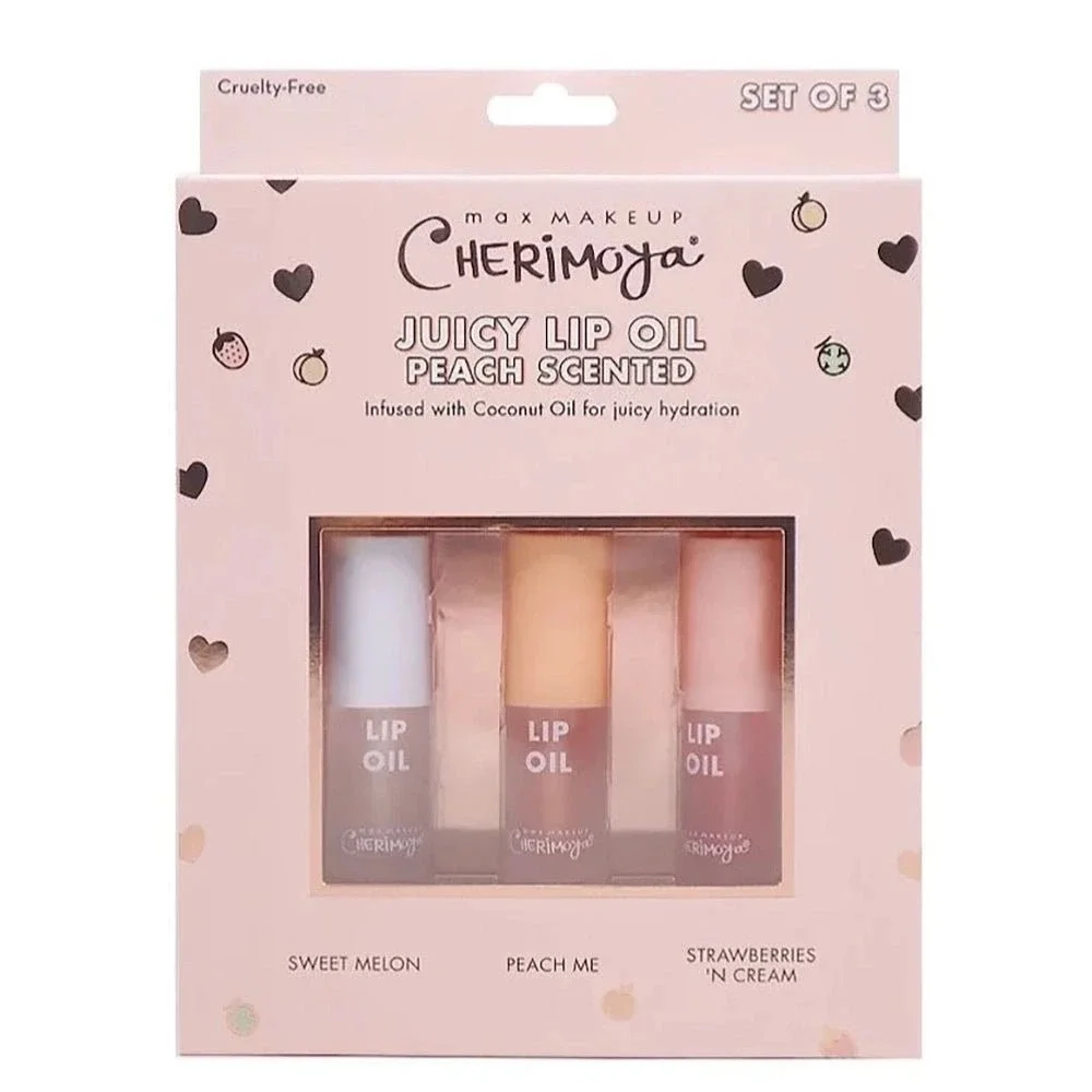 Max Makeup Cherimoya Set of 3 Lip Oil Juicy PEACH Melon Strawberry Scented New